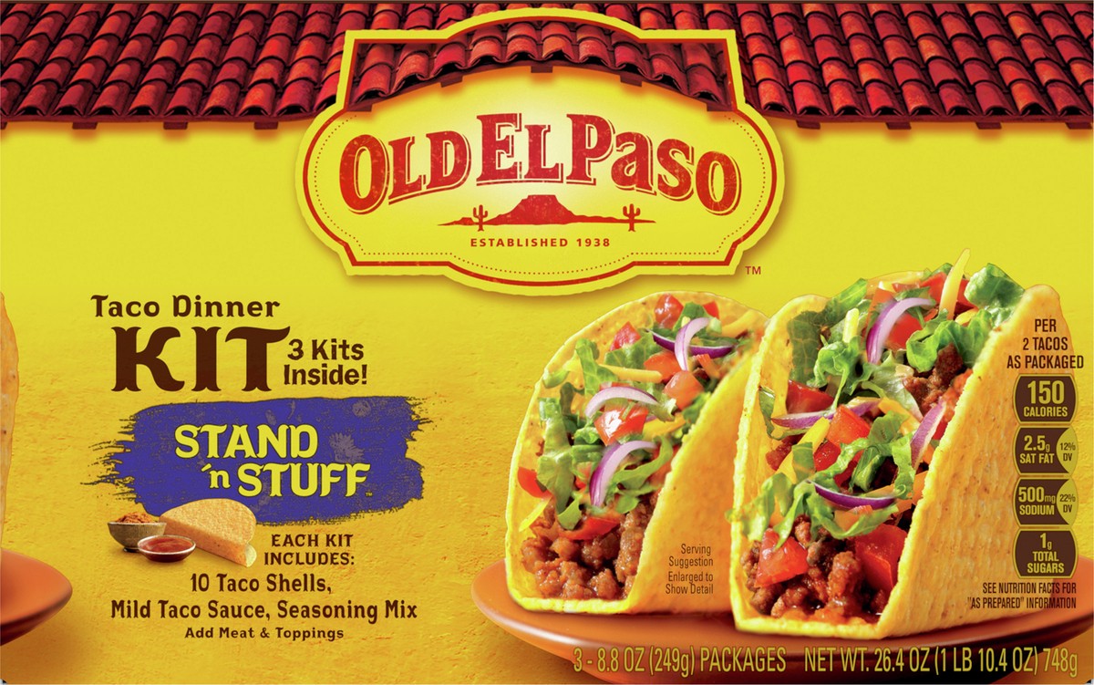 slide 2 of 13, Old El Paso Stand 'N Stuff Taco Dinner Kit with Taco Shells, Taco Sauce, and Seasoning Mix, 3 Pack, 26.4 oz, 3 ct