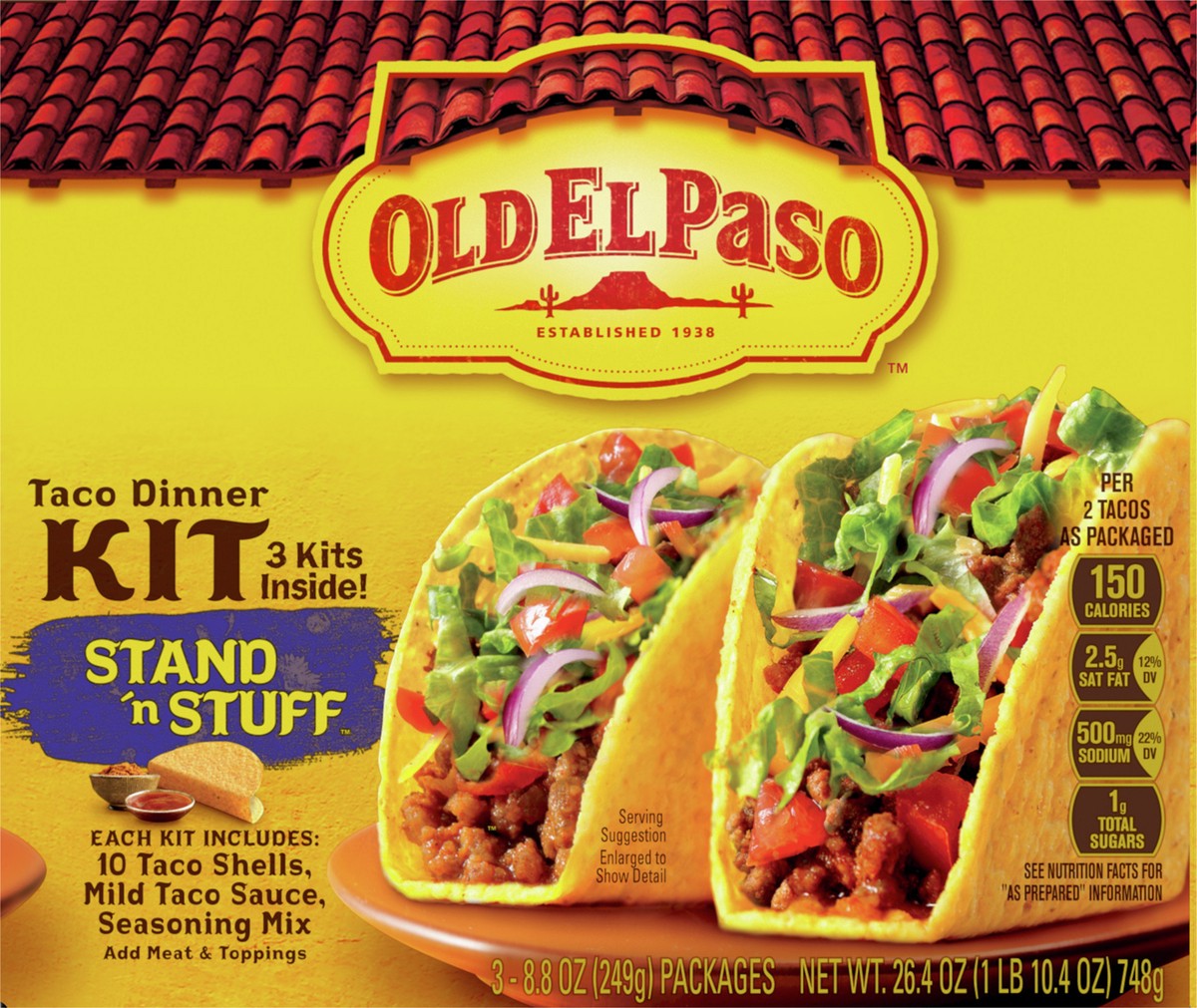 slide 6 of 13, Old El Paso Stand 'N Stuff Taco Dinner Kit with Taco Shells, Taco Sauce, and Seasoning Mix, 3 Pack, 26.4 oz, 3 ct