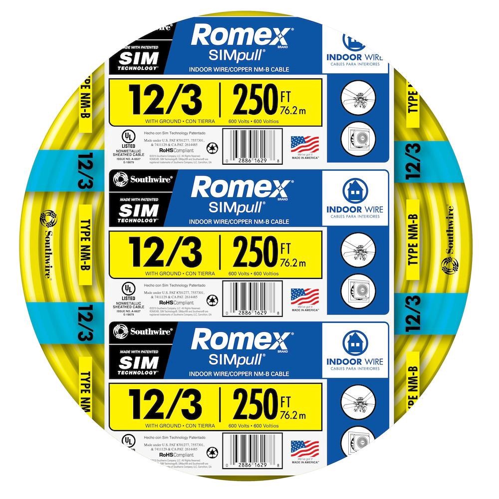 slide 1 of 6, Southwire 250-ft 12/3 Romex SIMpull Solid Indoor CU NM-B W/G (By-the-roll), 250 ct