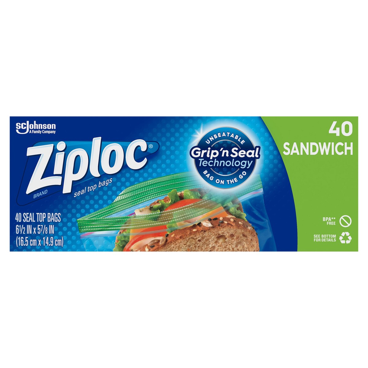 slide 1 of 5, Ziploc Brand Seal Top Sandwich Bags, Plastic Sandwich Bags, 40 Count, 40 ct