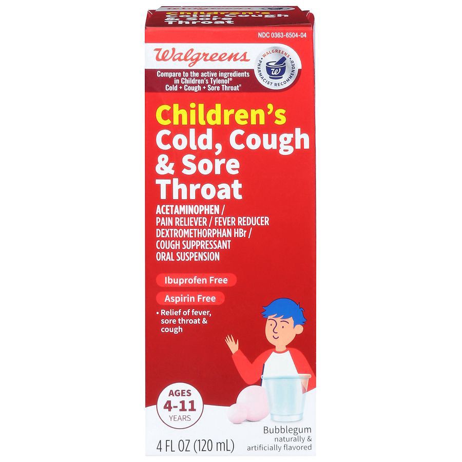 slide 1 of 5, Walgreens Children's Cold, Cough & Sore Throat Bubblegum, 4 fl oz