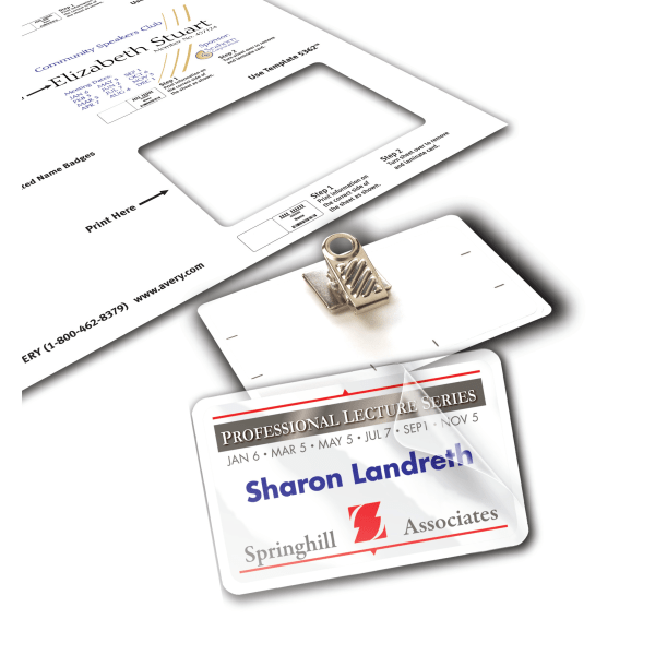 slide 4 of 4, Avery® Customizable Self-Laminating Name Badges, 5362, 2.25"" x 3.5"", White, 30 Name Tags With Clips, 30 ct