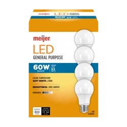 Meijer Led 9.5w A19 Dimmable Light Bulb, Soft White, 60w Equivalent, 4 Ct