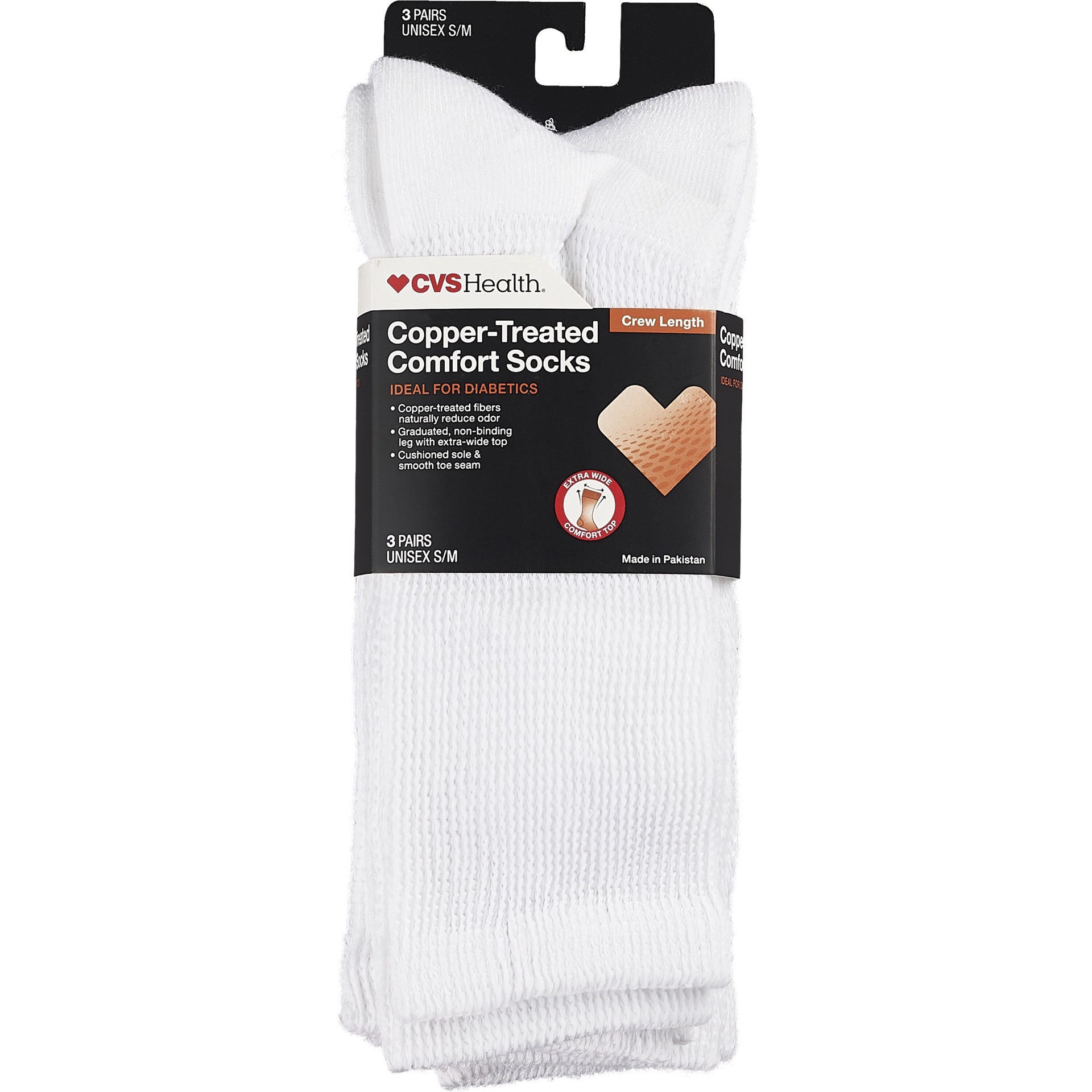 slide 1 of 1, CVS Health Copper-Infused Crew Comfort Socks Unisex, 3 Pairs, White, S/M, 3 ct