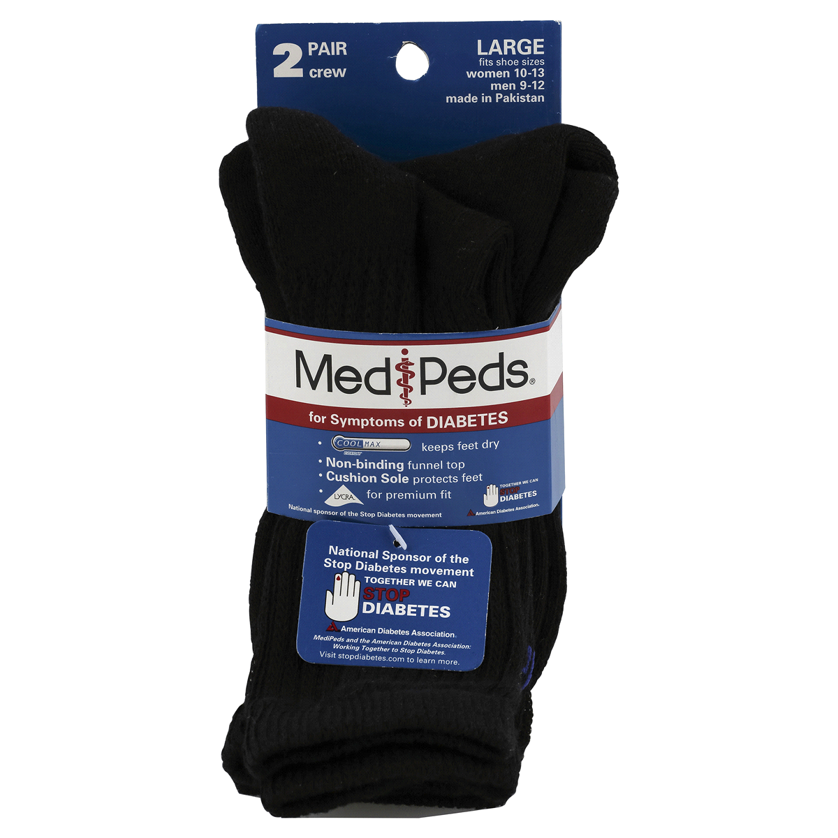 slide 1 of 2, MediPeds Diabetic Crew Socks Large Black, 2 pair