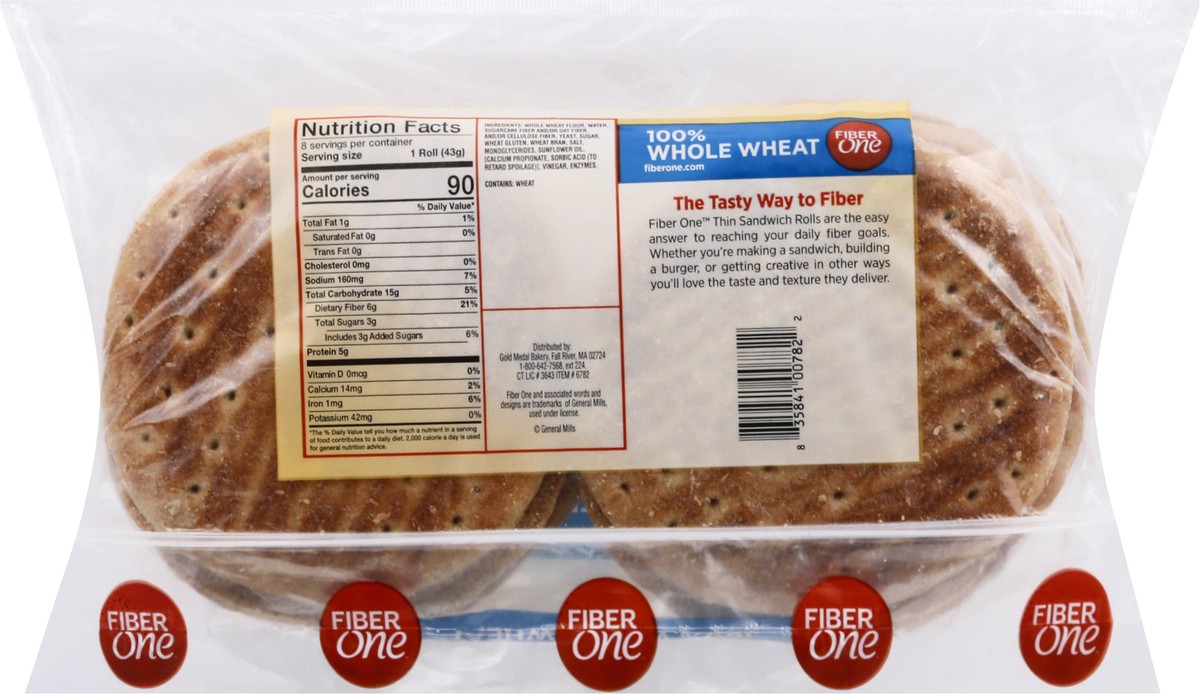slide 5 of 10, Fiber One 100% Whole Wheat Thin Sandwich Rolls, 8 ct