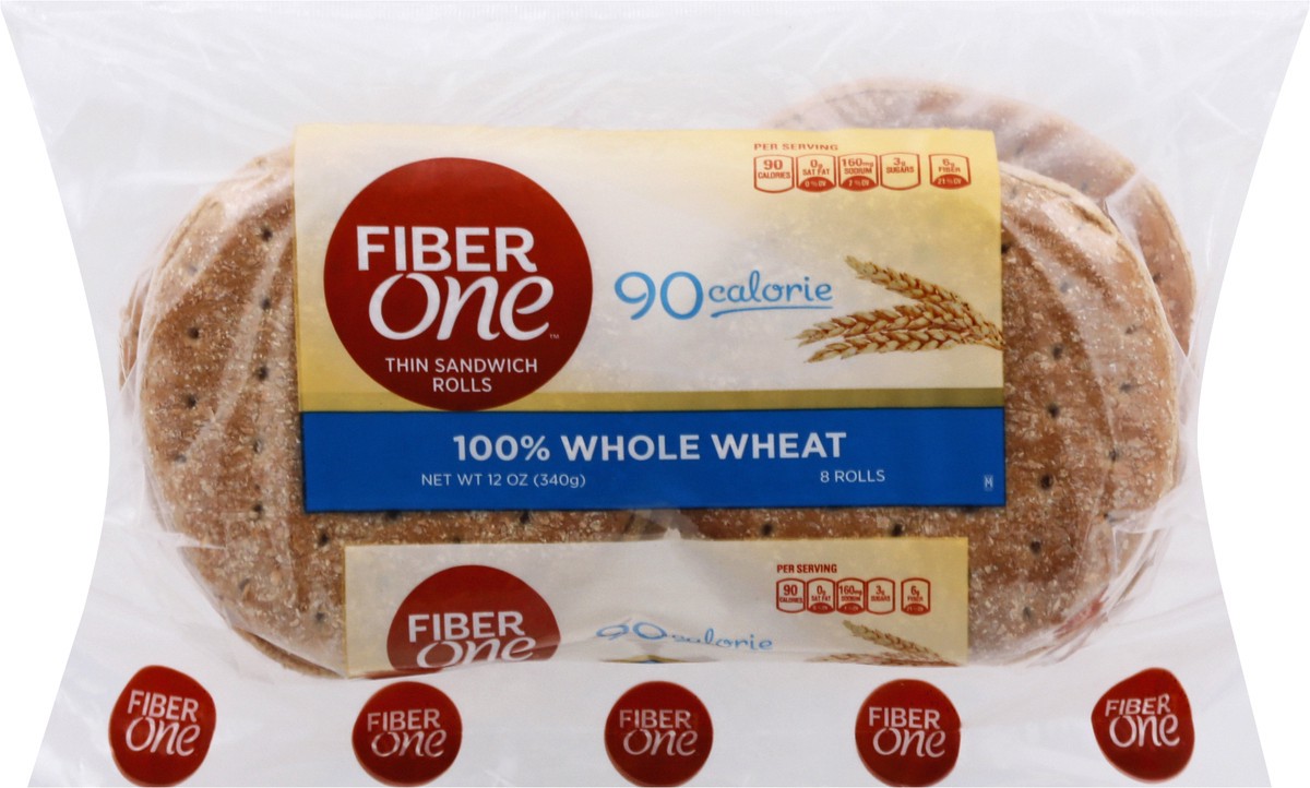 slide 1 of 10, Fiber One 100% Whole Wheat Thin Sandwich Rolls, 8 ct