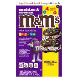 M&M'S Ice Cream Cookies and Cream Sandwiches, Reduced Fat Cookies and Cream Ice Cream Dessert Sandwich, 4 Pack, 3.5 Oz