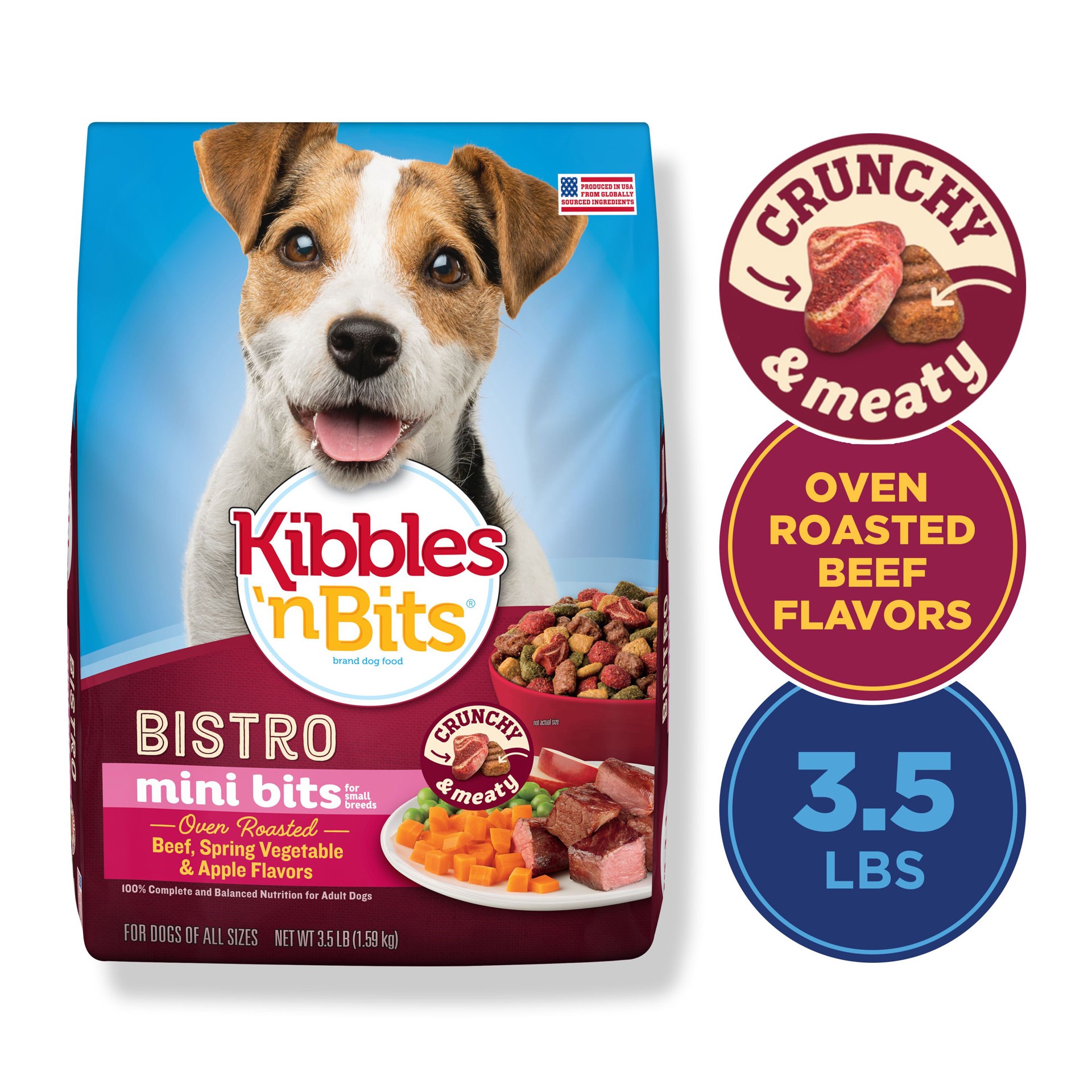 slide 2 of 7, Kibbles 'n Bits Kibbles ‘n Bits Mini Bits Small Breed Bistro Oven Roasted Beef, Spring Vegetable & Apple Flavors Dry Dog Food, 3.5 lb. Bag, 3.5 lb