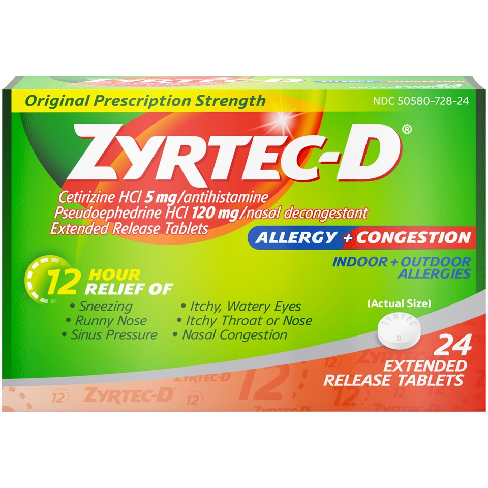 slide 1 of 6, Zyrtec-D 12-Hour Allergy & Congestion Relief Tablets, 24 ct