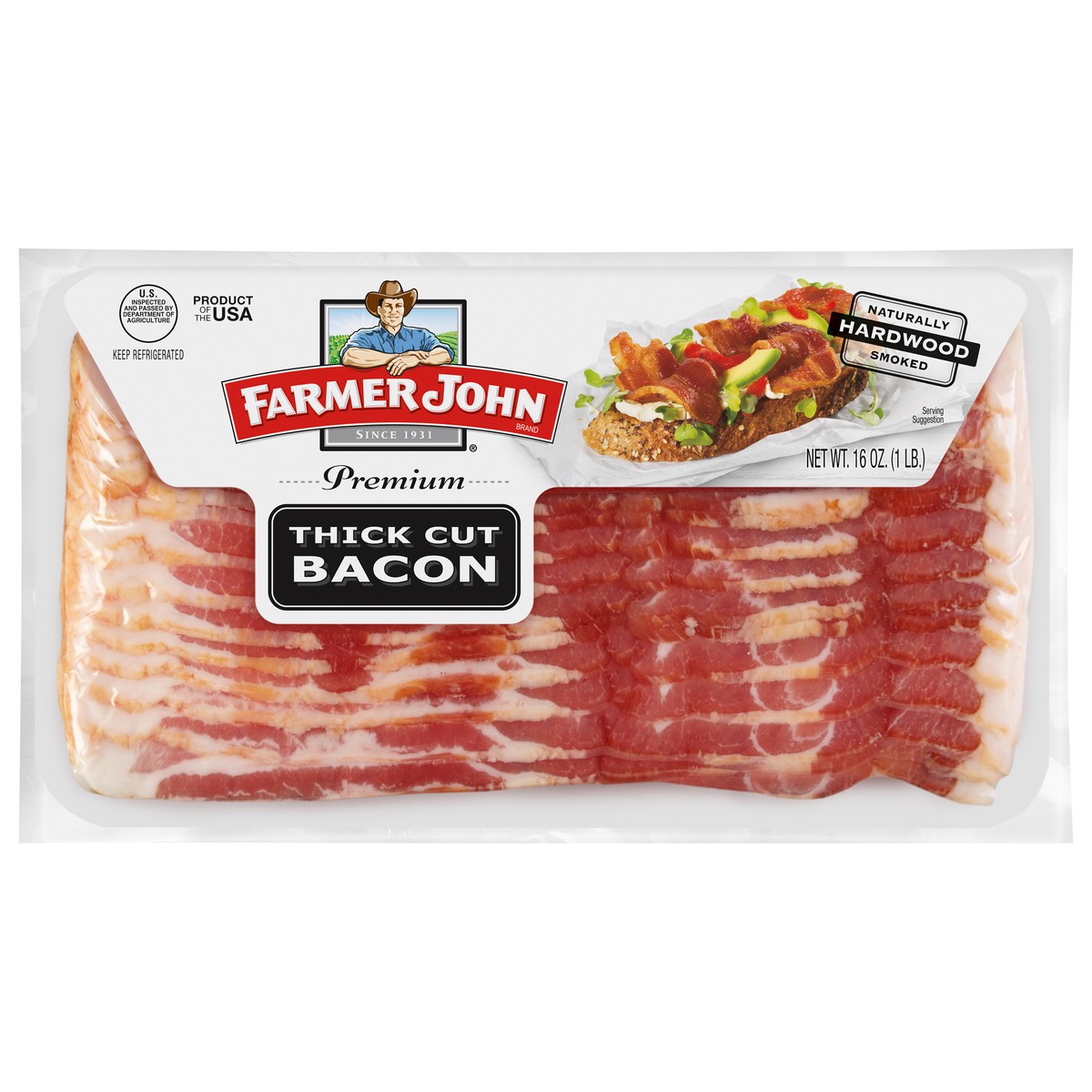 slide 1 of 1, Farmer John Naturally Hardwood Smoked Thick Cut Bacon, 