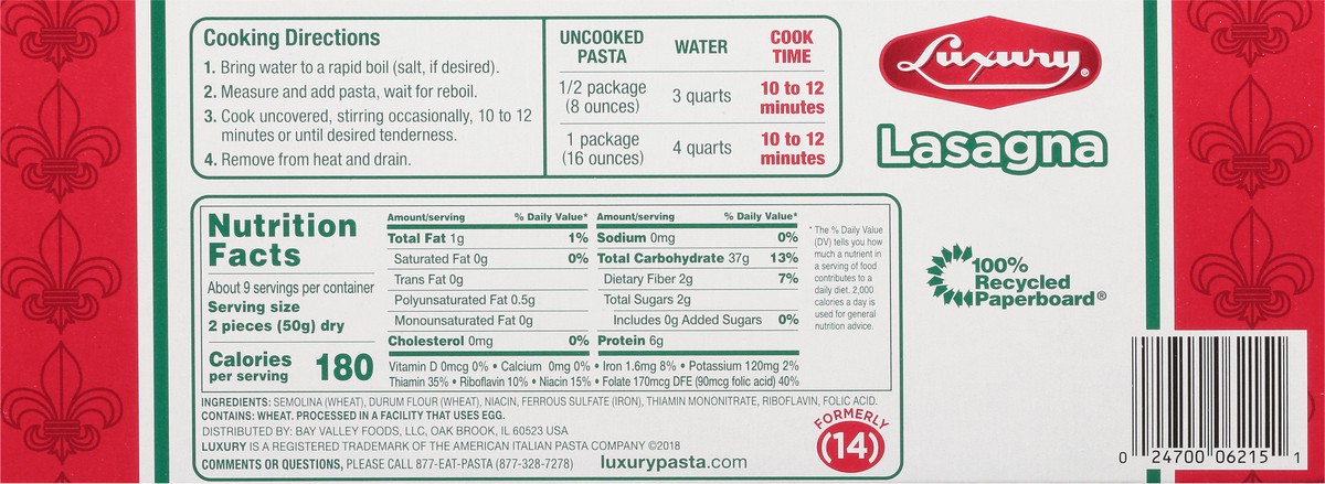 slide 9 of 9, Luxury Lasagna Pasta 16 oz, 16 oz
