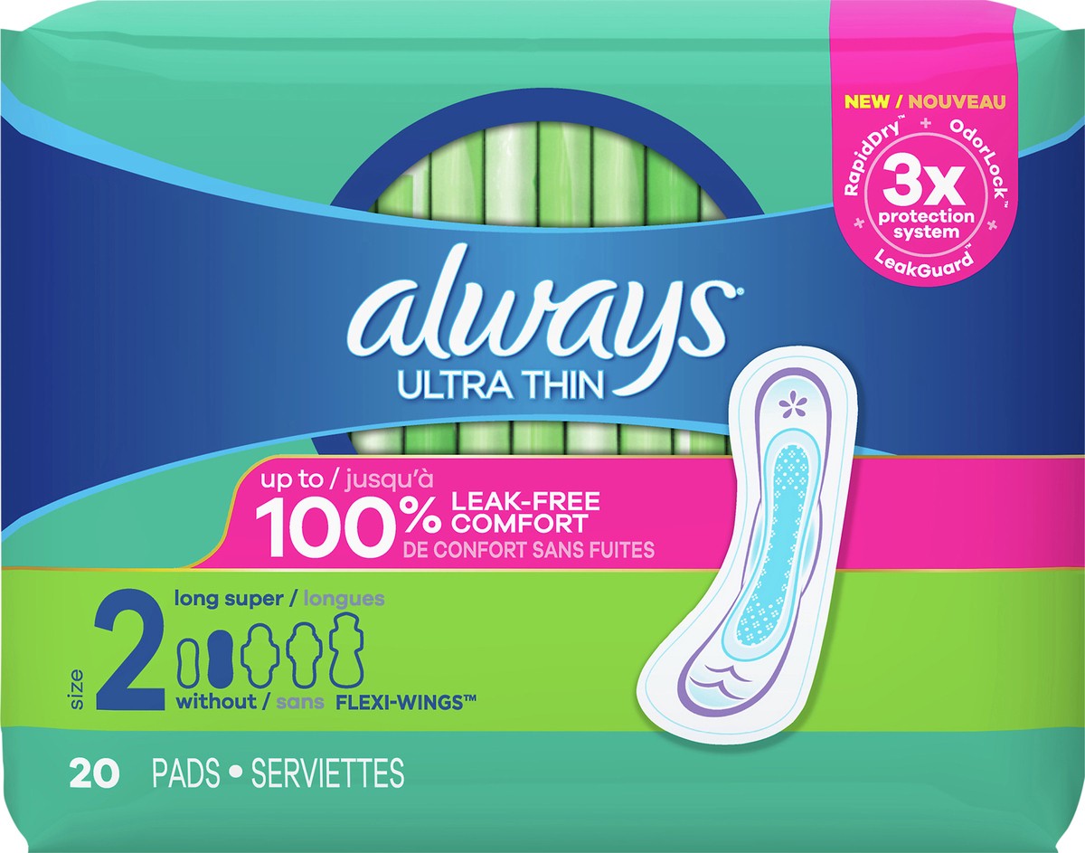 slide 5 of 9, Always Ultra Thin Pads Size 2 Long Absorbency Unscented without Wings, 20 Count, 20 ct