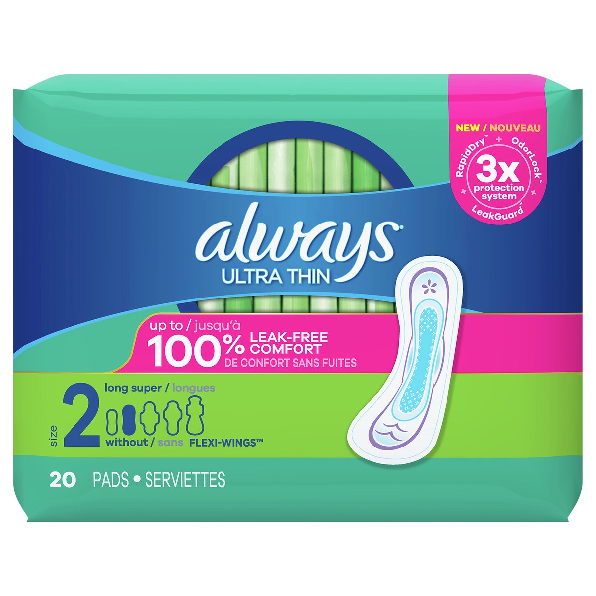 slide 9 of 9, Always Ultra Thin Pads Size 2 Long Absorbency Unscented without Wings, 20 Count, 20 ct