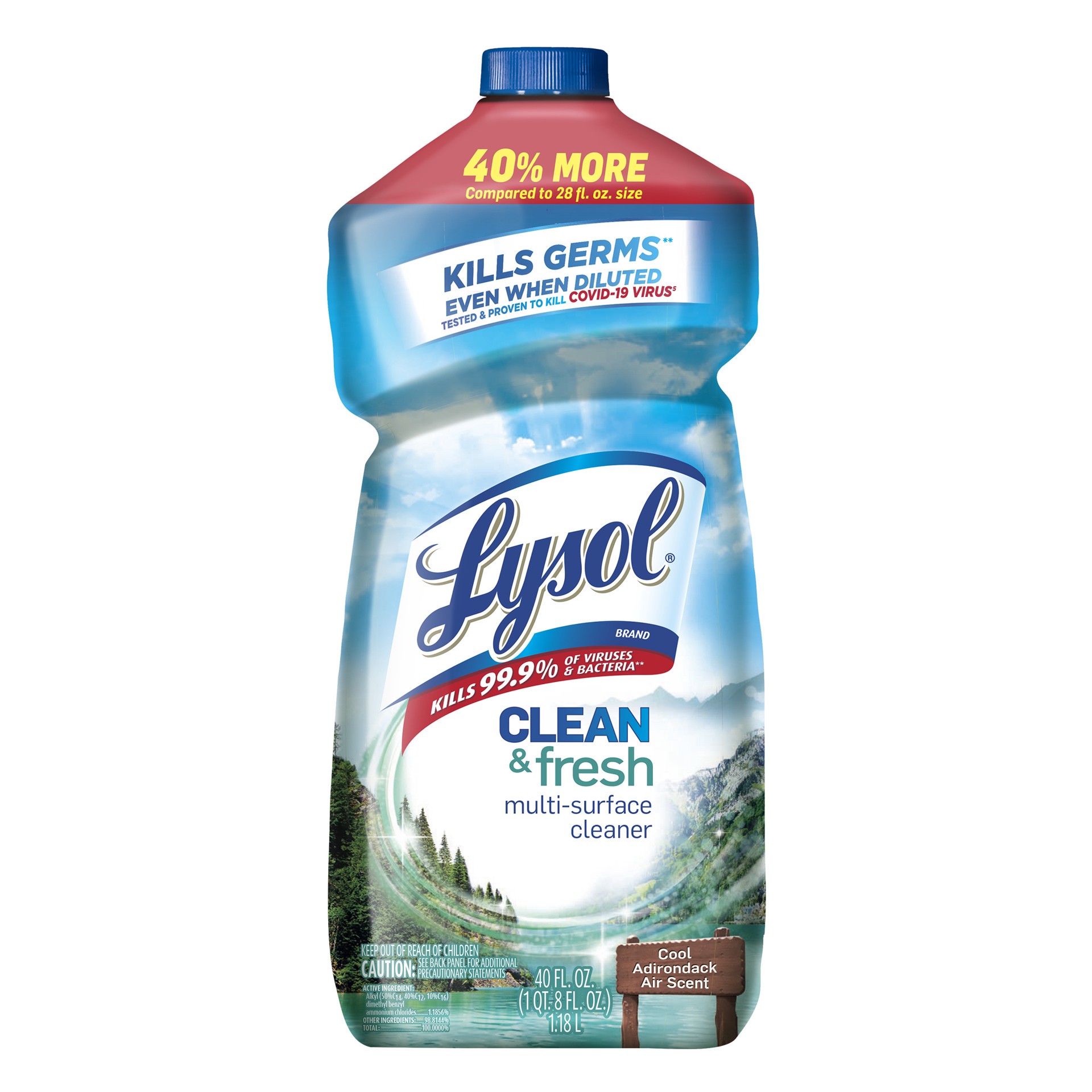 slide 1 of 7, Lysol Multi-Surface Cleaner, Sanitizing and Disinfecting Pour, to Clean and Deodorize, Cool Adirondack Air, 40oz, 40 oz