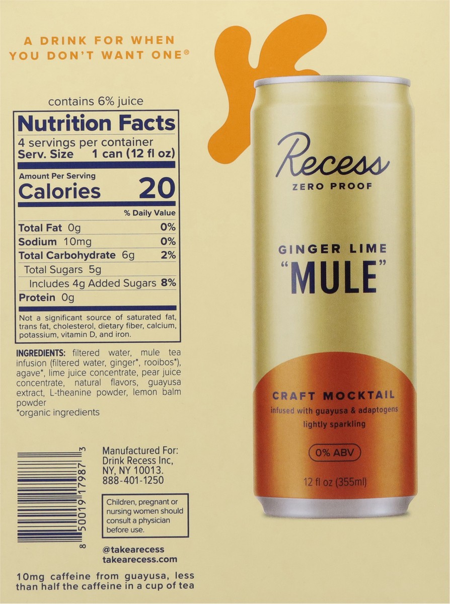 slide 3 of 13, Recess Ginger Lime Mule Craft Mocktail 4 - 12 fl oz Cans, 4 ct