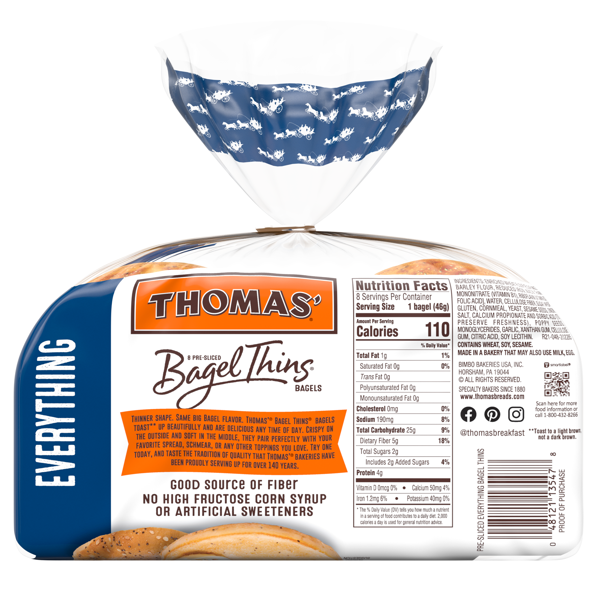 slide 4 of 5, Thomas' Bagel Thins Everything Bagels, 8 count, Soft Pre-sliced Bagels, 13 oz Bag, 8 ct