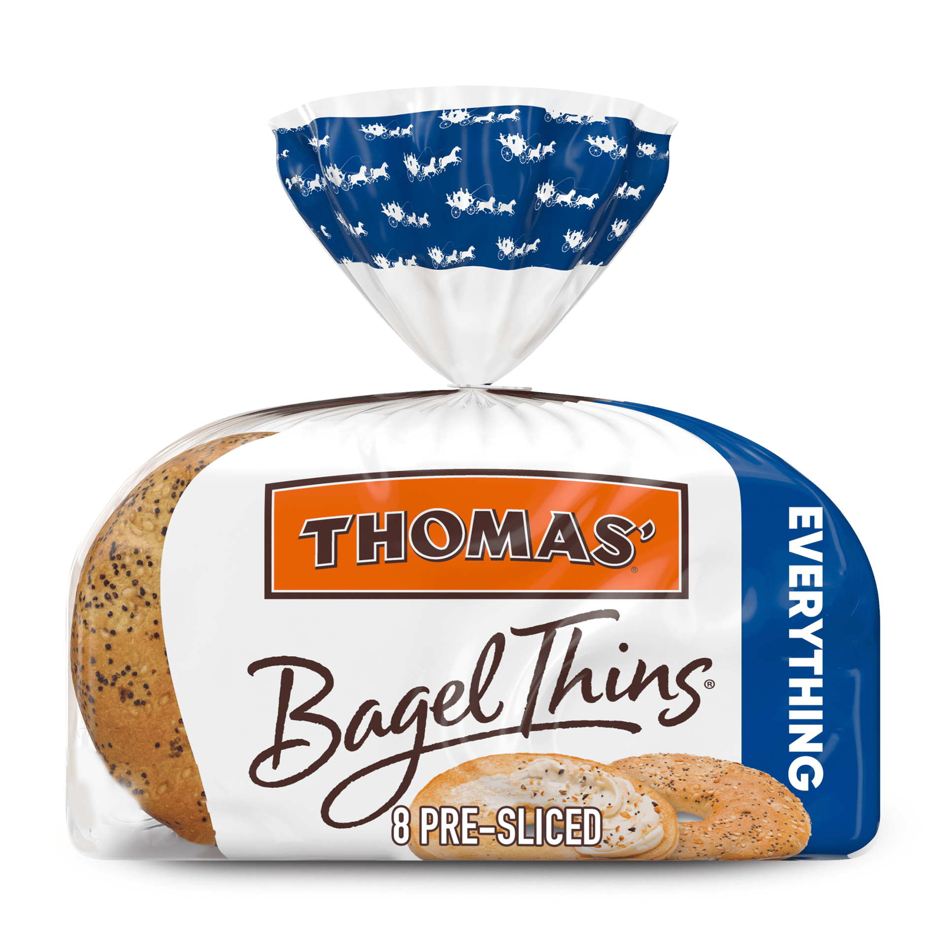 slide 1 of 5, Thomas' Bagel Thins Everything Bagels, 8 count, Soft Pre-sliced Bagels, 13 oz Bag, 8 ct