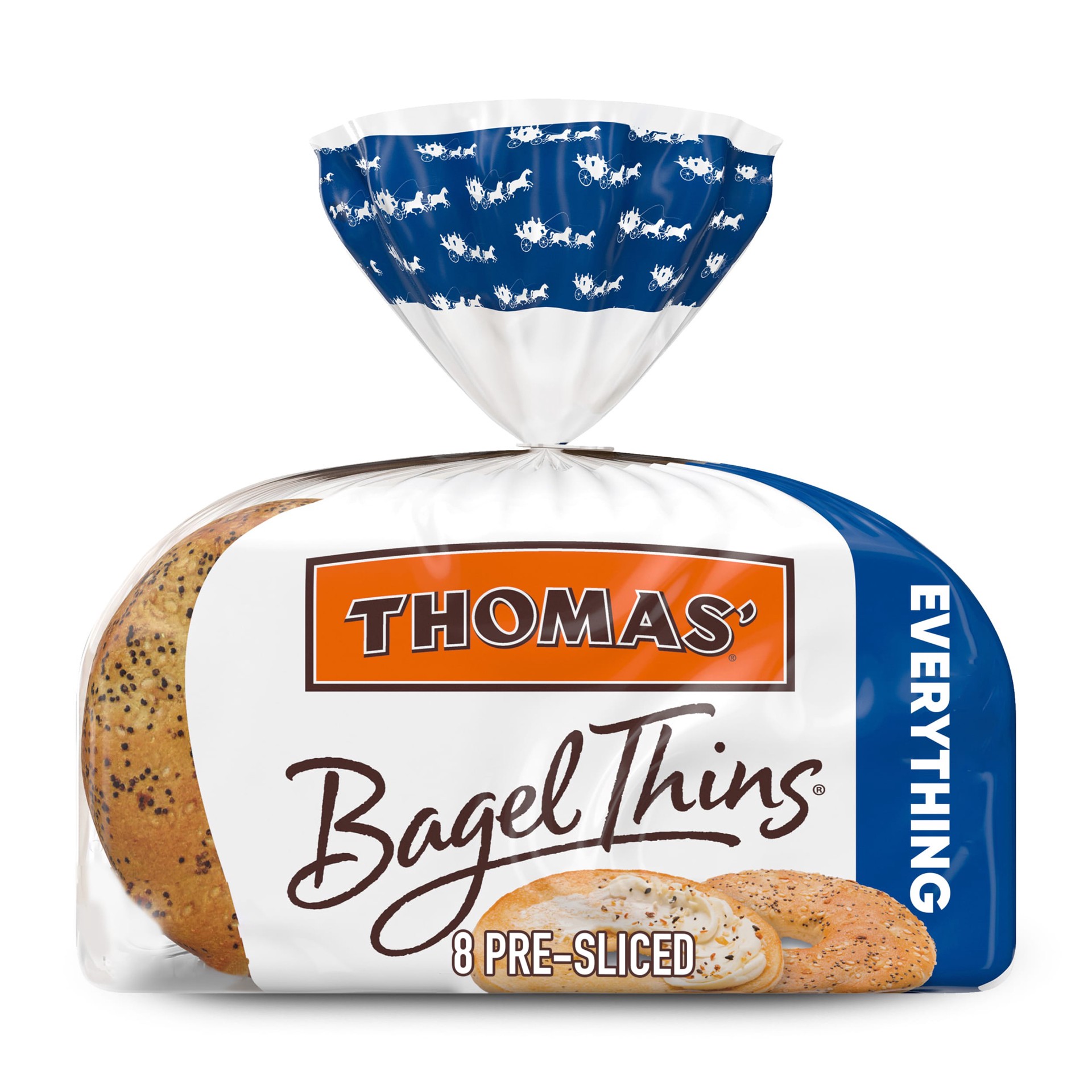 slide 1 of 5, Thomas' Bagel Thins Everything Bagels, 8 count, Pre-sliced Bagels, 13 oz Bag, 8 ct