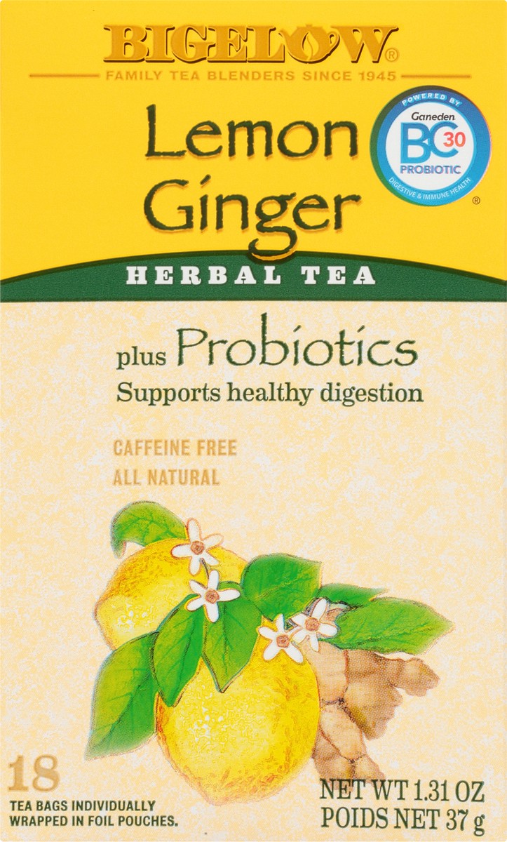 slide 3 of 10, Bigelow Probiotics Herbal Tea Bags Caffeine Free Lemon Ginger - 1.64 oz, 1.64 oz