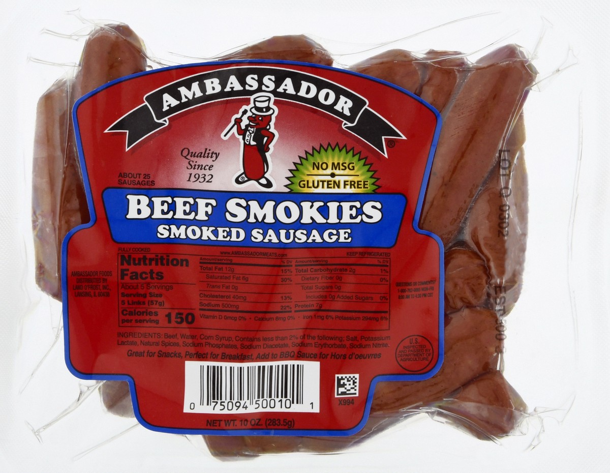 slide 13 of 13, Ambassador Beef Little Smokies, 10 oz
