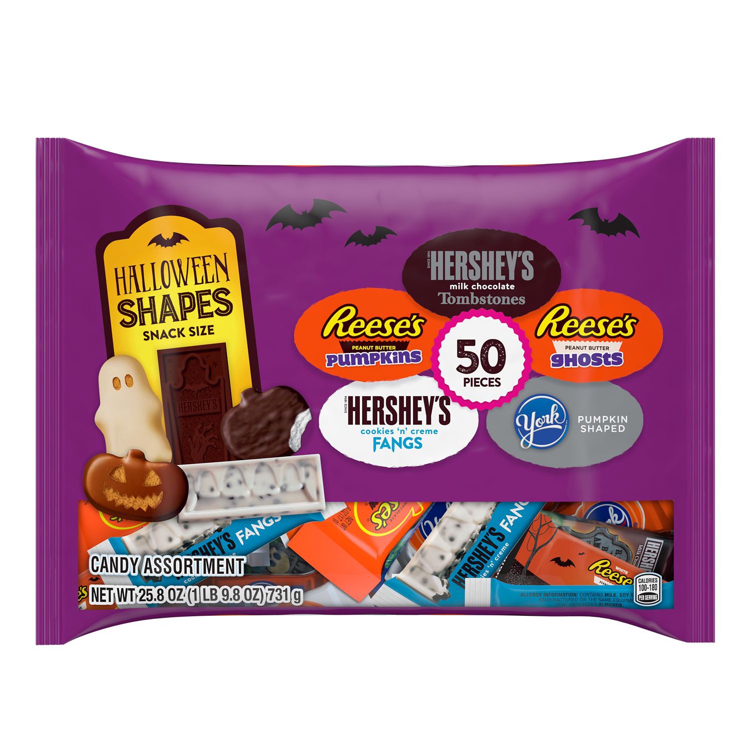 slide 1 of 3, HERSHEY'S, REESE'S and YORK Halloween Shapes Chocolate and White Creme Assortment Snack Size Candy, 25.8 oz, Variety Bag (50 Pieces), 25.80 oz