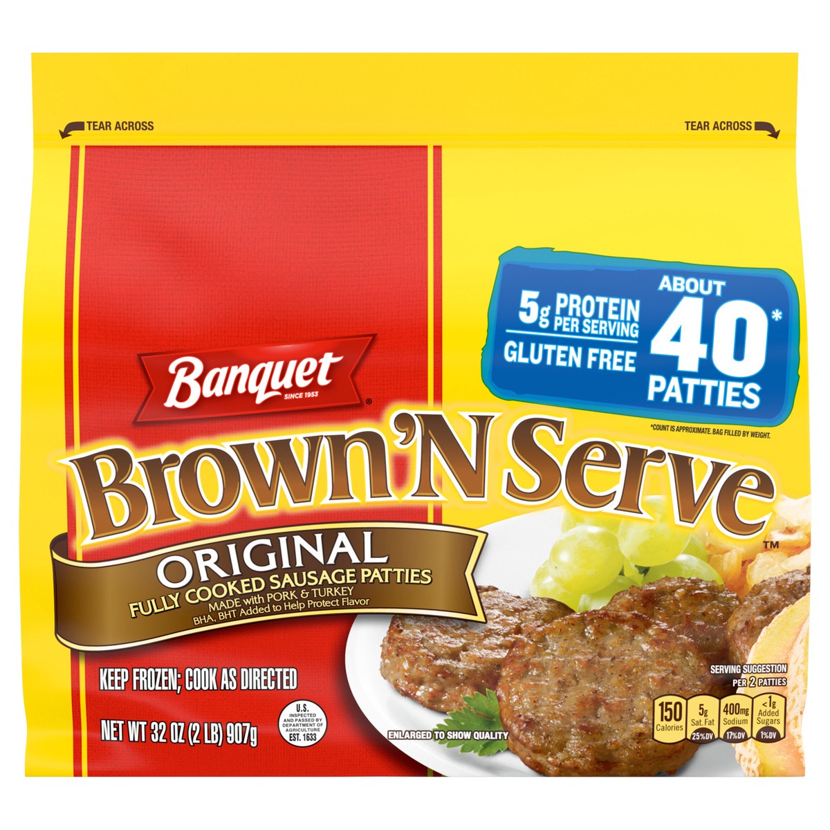 slide 1 of 5, Banquet Brown''N Serve Oiginal Fully Cooked Sausage Patties, Frozen Breakfast, 32 oz., 32 oz
