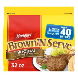 Banquet Brown''N Serve Oiginal Fully Cooked Sausage Patties, Frozen Breakfast, 32 oz.