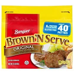 Banquet Brown''N Serve Oiginal Fully Cooked Sausage Patties, Frozen Breakfast, 32 oz.