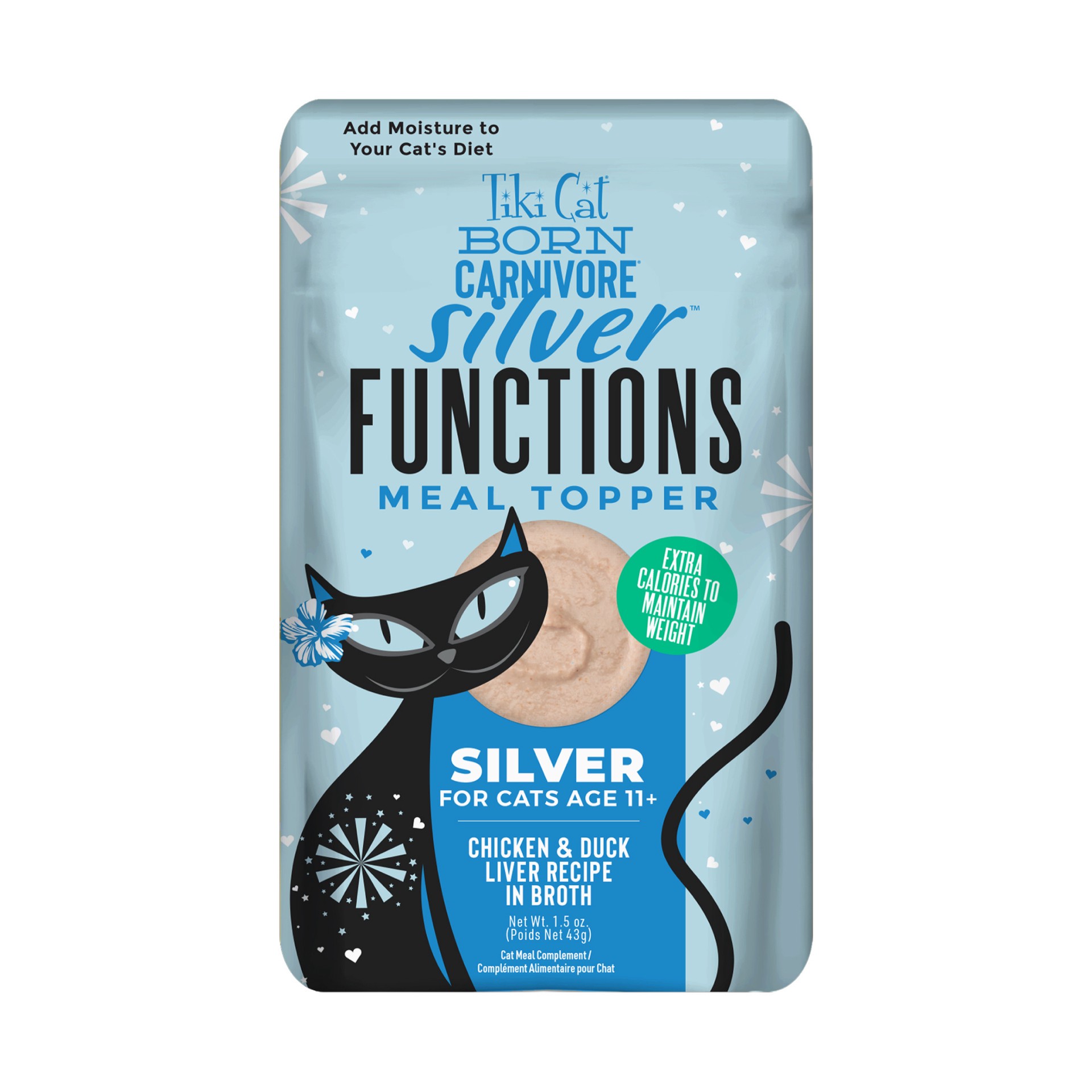 slide 1 of 9, Tiki Cat Born Carnivore Silver Functional Wet Cat Food Topper for Senior Cats, 1.5 oz. Pouch, 1.5 oz