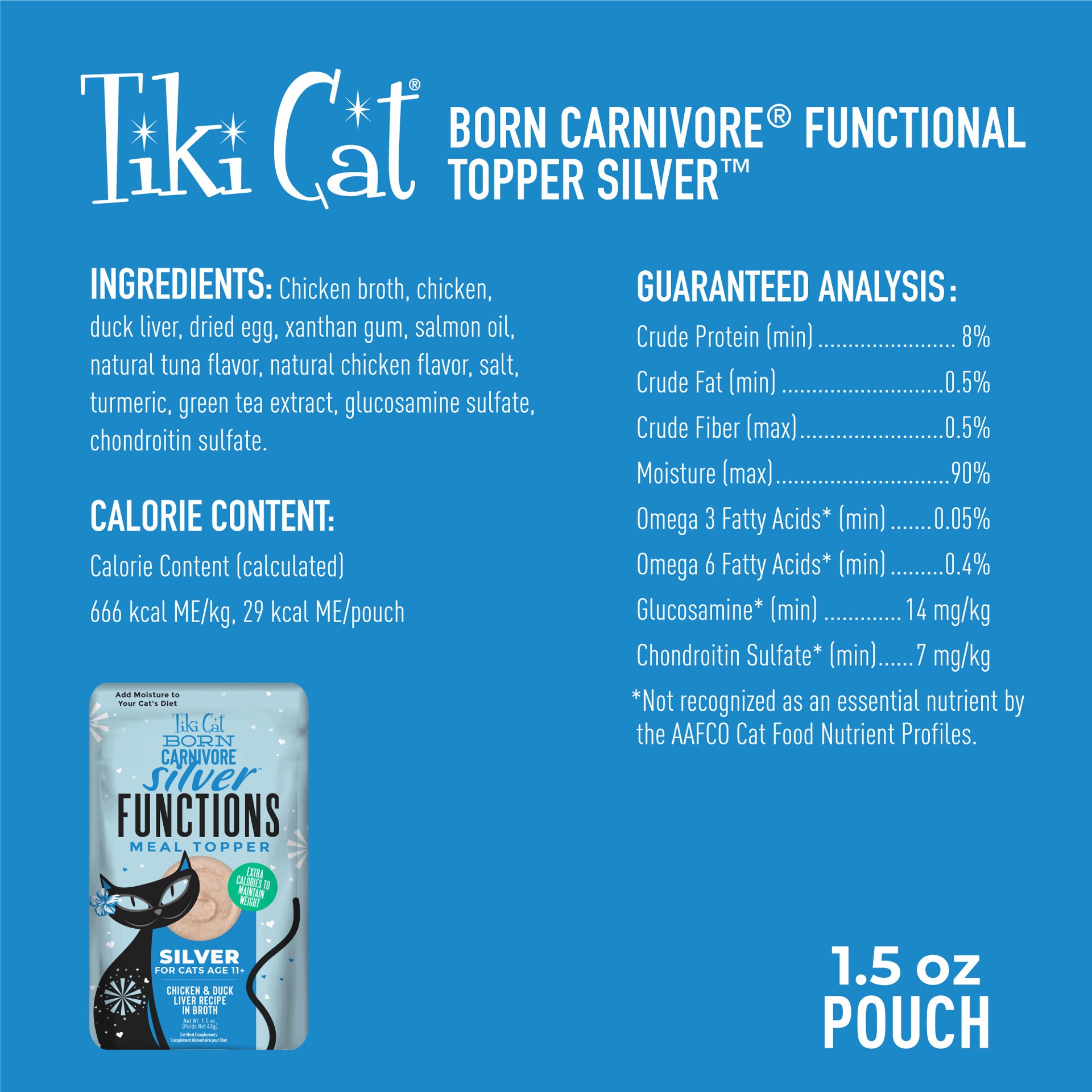 slide 8 of 9, Tiki Cat Born Carnivore Silver Functional Wet Cat Food Topper for Senior Cats, 1.5 oz. Pouch, 1.5 oz