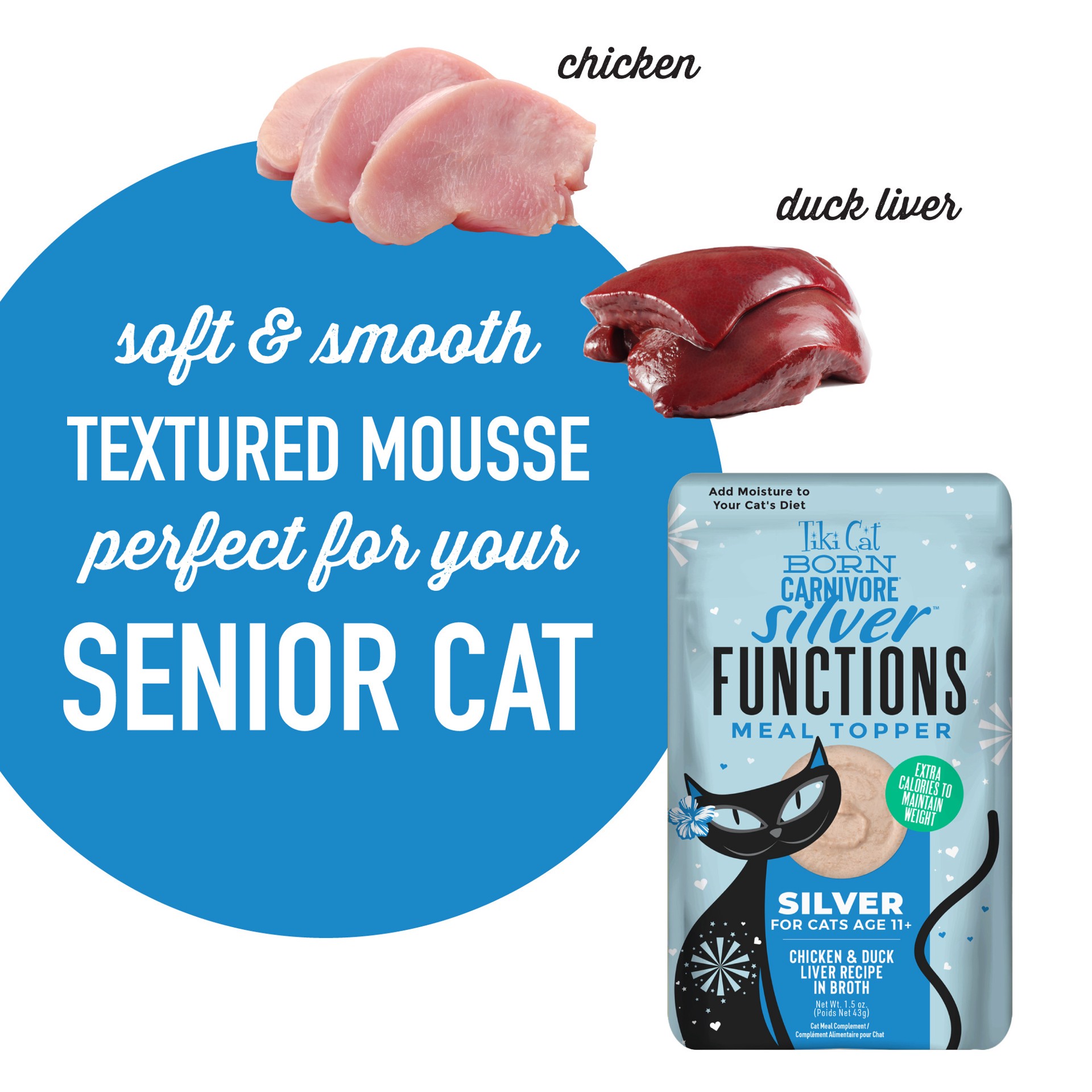 slide 9 of 9, Tiki Cat Born Carnivore Silver Functional Wet Cat Food Topper for Senior Cats, 1.5 oz. Pouch, 1.5 oz