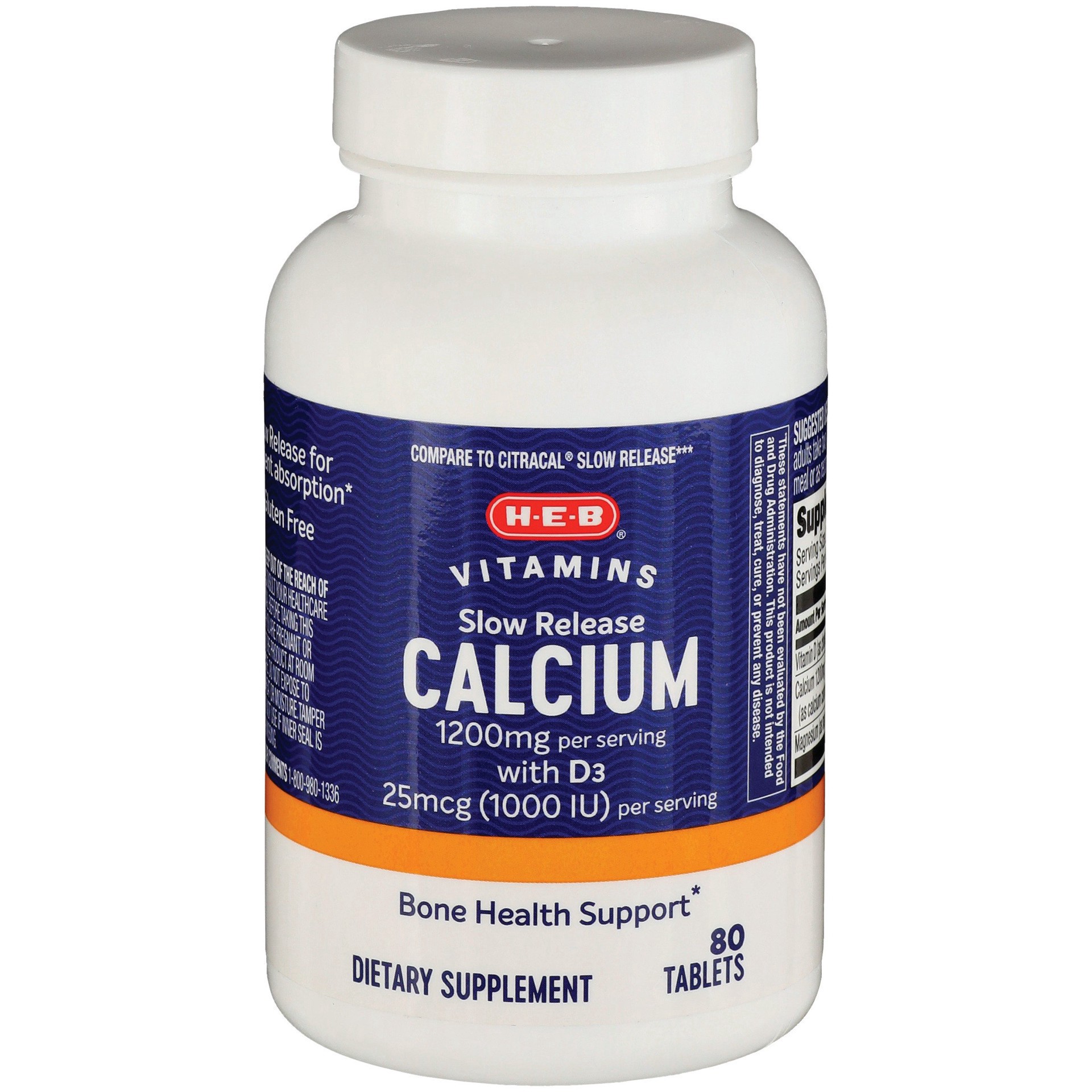 slide 1 of 1, H-E-B Vitamins 1,200 mg Calcium with 1,000 IU D3 Slow Release Tablets, 80 ct