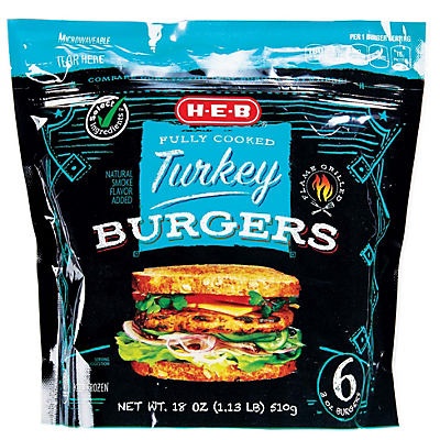 slide 1 of 1, H-E-B Select Ingredients Fully Cooked Turkey Burgers, 6 ct