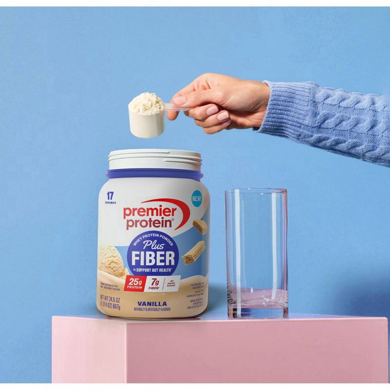 slide 6 of 8, Premier Protein Vanilla Plus Fiber Powder, 23.3 oz