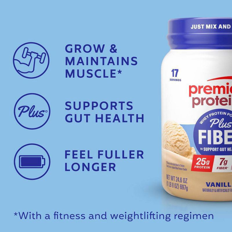 slide 5 of 8, Premier Protein Vanilla Plus Fiber Powder, 23.3 oz