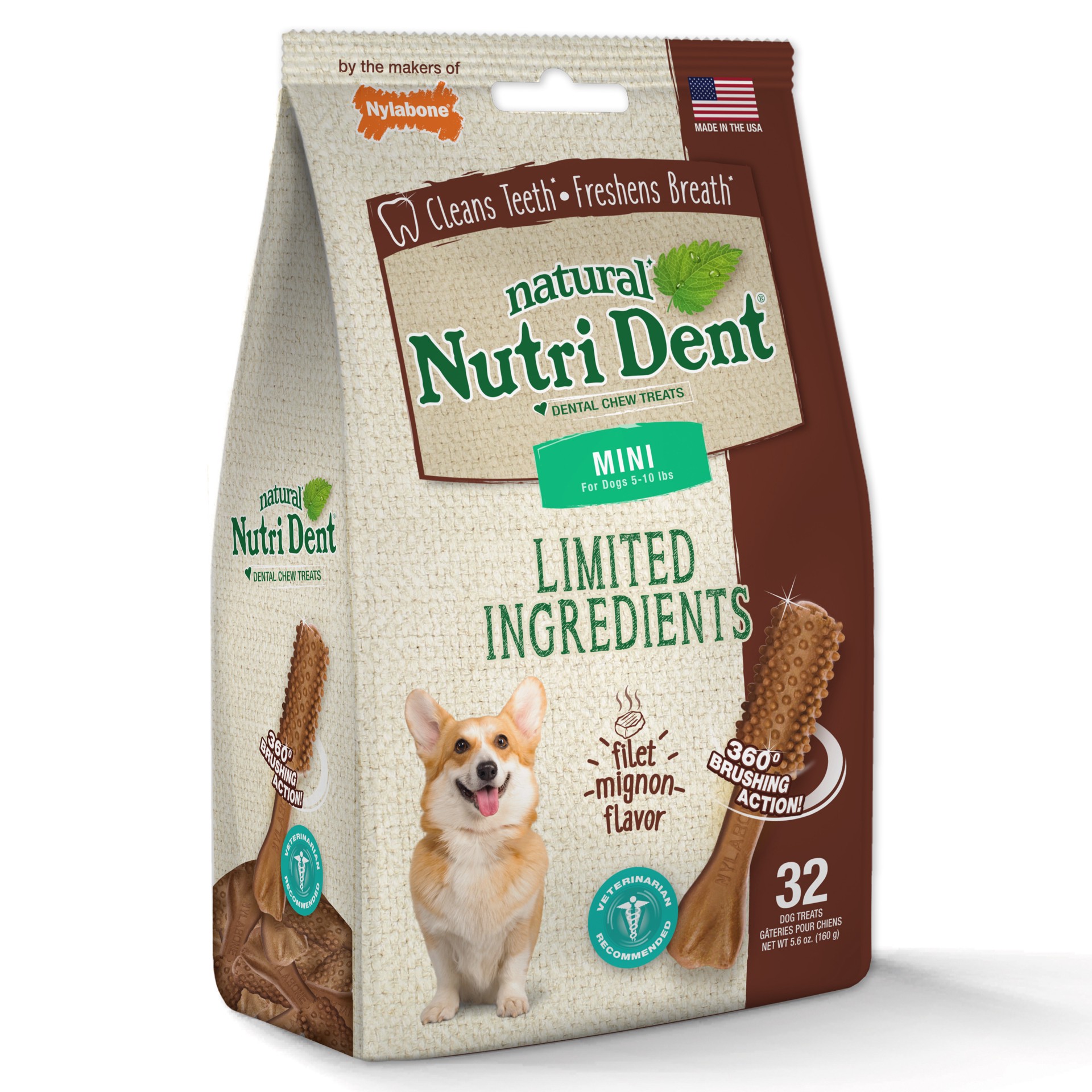 slide 7 of 10, Nylabone Nutri Dent Filet Mignon Dog Dental Chews Mini - 5 lbs. to 10 lbs.(32 Count), 32 ct