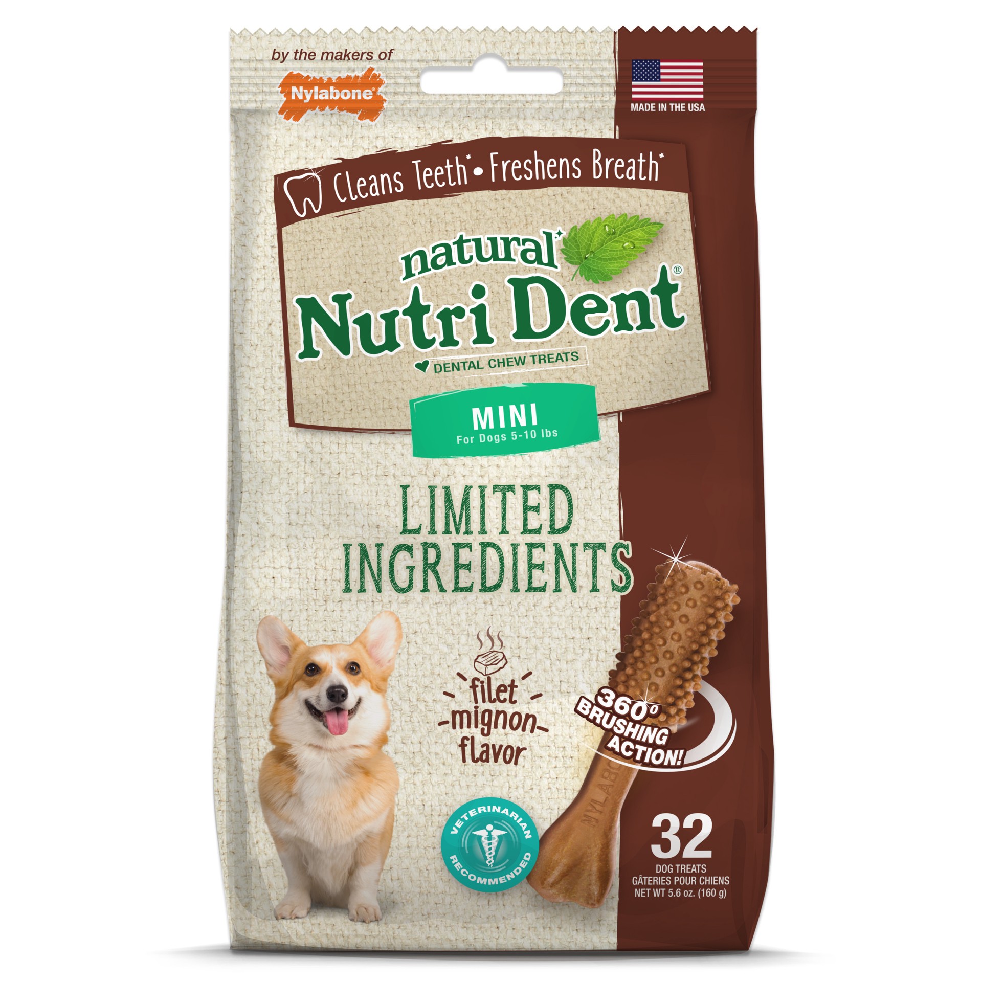 slide 1 of 10, Nylabone Nutri Dent Filet Mignon Dog Dental Chews Mini - 5 lbs. to 10 lbs.(32 Count), 32 ct