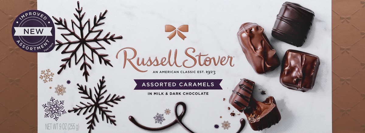 slide 3 of 10, RUSSELL STOVER Christmas Assorted Caramels in Milk & Dark Chocolate Gift Box, 9 oz. (14 pieces), 9 oz