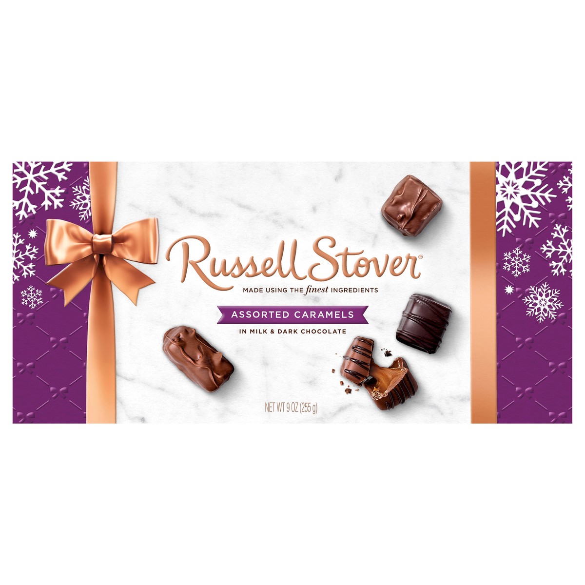 slide 1 of 10, RUSSELL STOVER Christmas Assorted Caramels in Milk & Dark Chocolate Gift Box, 9 oz. (14 pieces), 9 oz