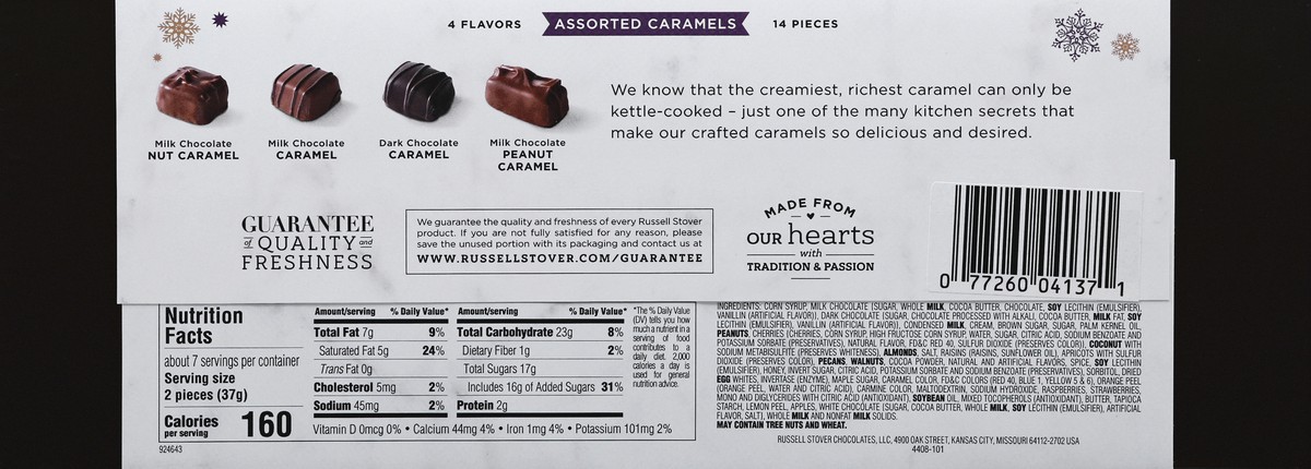 slide 9 of 10, RUSSELL STOVER Christmas Assorted Caramels in Milk & Dark Chocolate Gift Box, 9 oz. (14 pieces), 9 oz