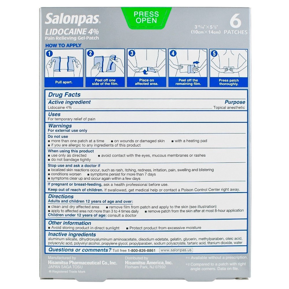 slide 3 of 3, Salonpas Lidocaine 4% Pain Relieving Gel Patch - 6ct, 6 ct