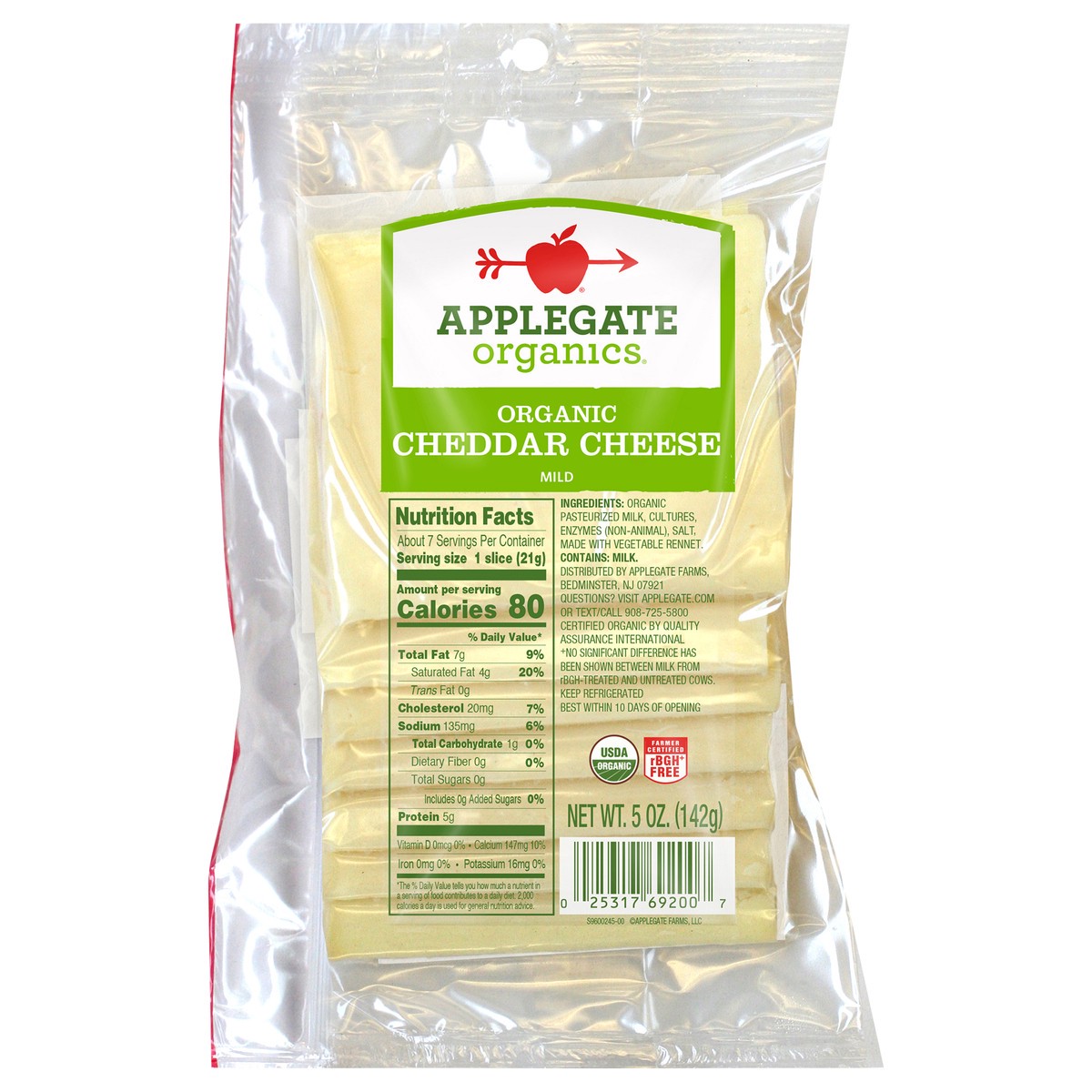 slide 1 of 7, Applegate Organic Mild Cheddar Cheese Slices, 5 oz