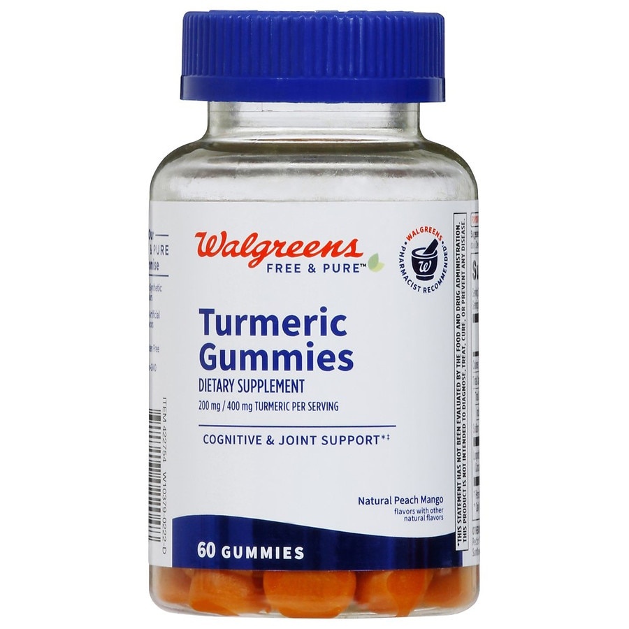 slide 1 of 1, Walgreens Free & Pure Turmeric Gummies Natural Peach Mango Flavor, 60 ct