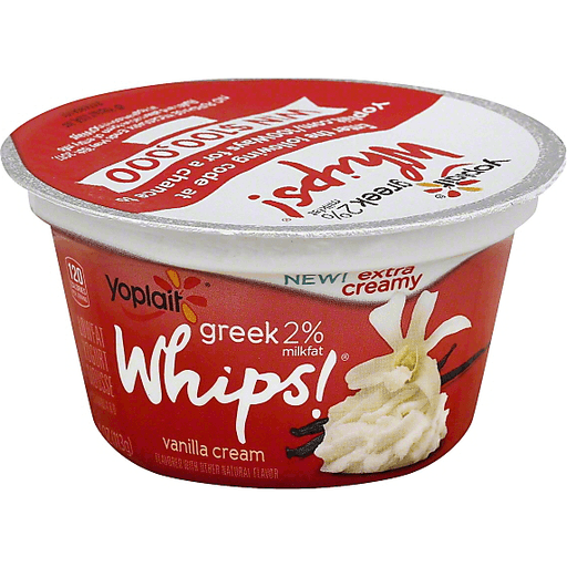 slide 3 of 3, Yoplait Whips Greek 2% Milkfat Low Fat Yogurt Mousse Vanilla Cream, 4 oz