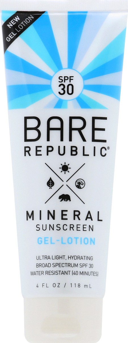 slide 1 of 8, Bare Republic Broad Spectrum SPF 30 Mineral Sunscreen Gel Lotion 4 oz, 30 x 4 fl oz