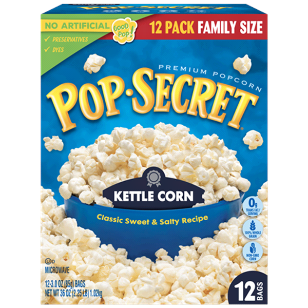 slide 1 of 5, Pop-Secret Popcorn, Kettle Corn Microwave Popcorn, 3 Oz Sharing Bags, 12 Ct, 36 oz