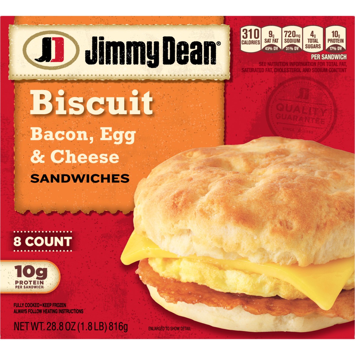 slide 5 of 7, Jimmy Dean Biscuit Breakfast Sandwiches with Bacon, Egg, and Cheese, Frozen, 8 Count, 816.47 g