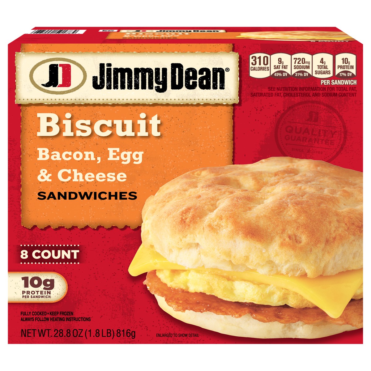 slide 1 of 7, Jimmy Dean Biscuit Breakfast Sandwiches with Bacon, Egg, and Cheese, Frozen, 8 Count, 816.47 g