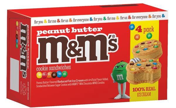 slide 1 of 1, M&M's Peanut Butter Ice Cream Cookie Sandwiches 4 Pack, 14 oz